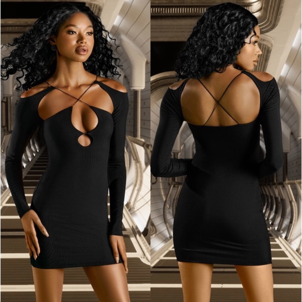 OH POLLY HIDDEN SECRET 
CUT OUT LONG SLEEVE MINI DRESS IN BLACK